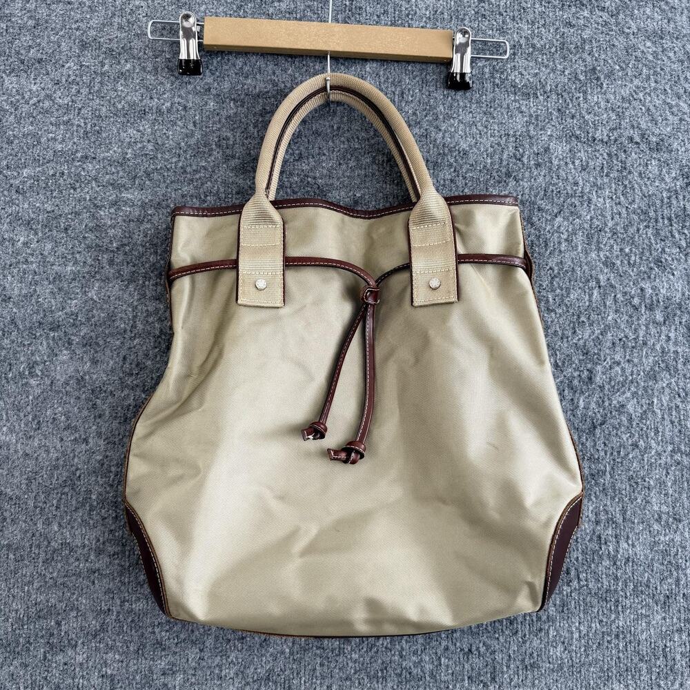 Lancel Tote Bag Large Beige Nylon Brown Leather Trim Drawstring Luxury France